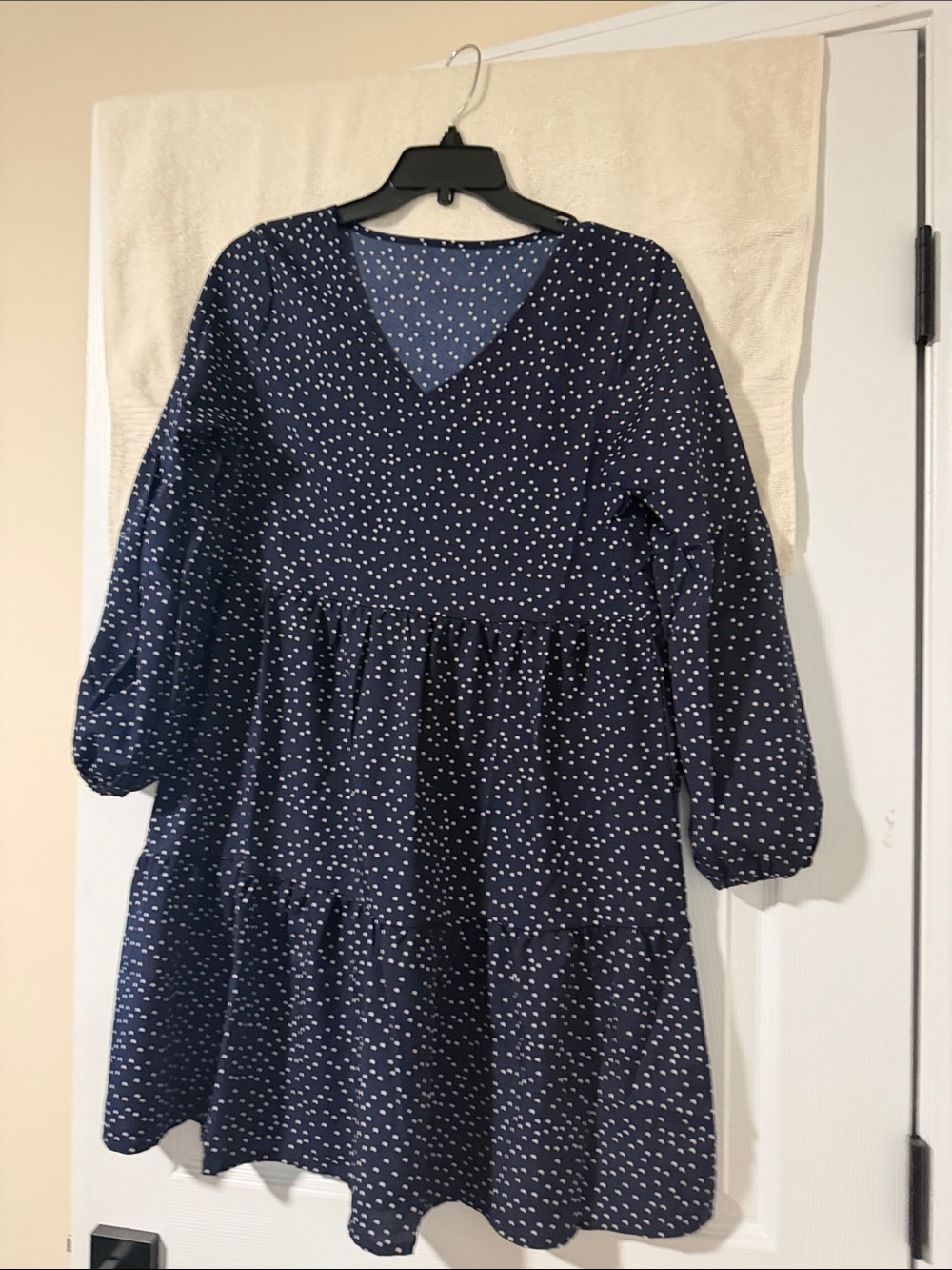 Women's Navy Blue V-Neck Tiered Dress with White Dot Print